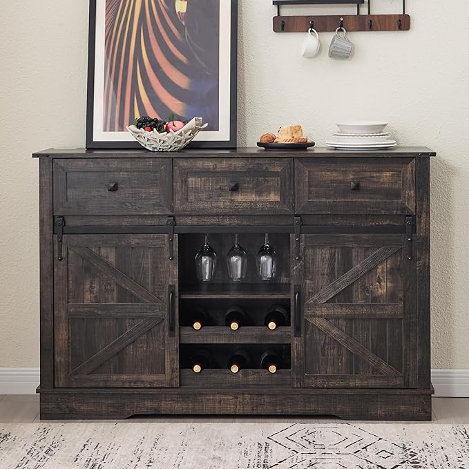 Farmhouse Bar Cabinet with Wine Rack 54" Coffee Buffet Cabinet with Sliding Barn Doors, Adjustable Shelves Rustic Buffets & Sideboards with 3 Drawers for Dining Room/Kitchen, Black