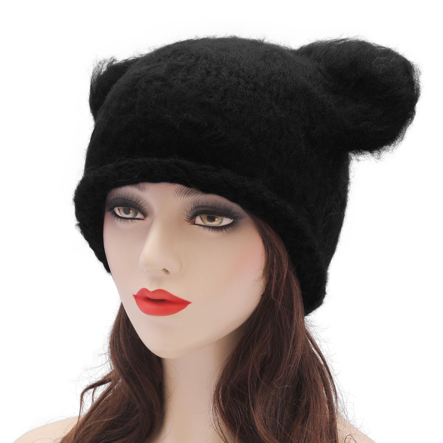 ZLYC Women Crochet Hat Knit Cat Ear Slouchy Beanie Cute Vintage Grunge Fuzzy Hat, Bear Ear Black