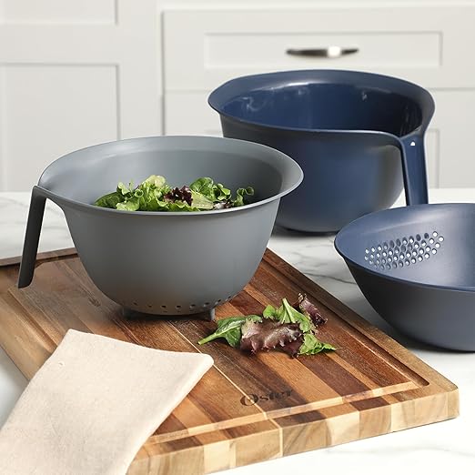 Oster Bluemarine 3 Piece PP Stackable Space-Saving Colander and Mixing Bowl Set