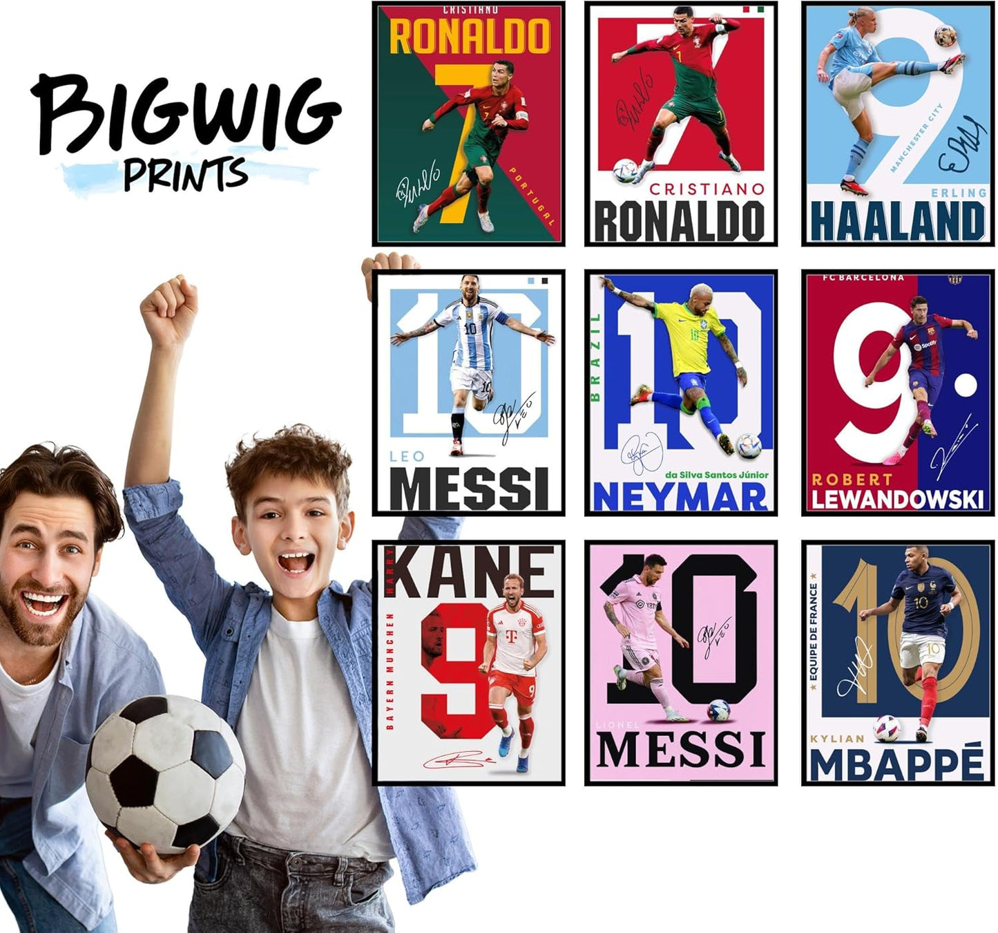 BigWig Prints Soccer Poster - Soccer Decor For Boys Bedroom, Messi And Ronaldo Poster, Messi Posters For Boys Bedroom, Mbappe Wall Art, Neymar Wall Art, Ronaldo Posters - Unframed Set Of 9 (8x10”)
