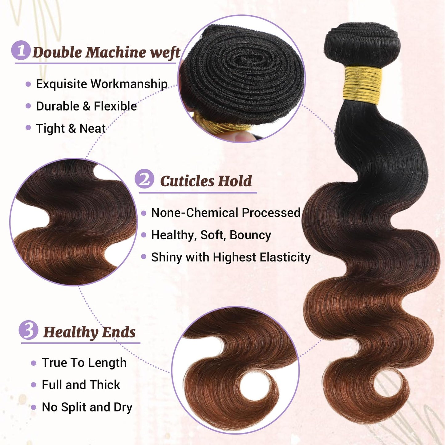T1B/2/30 Chestnut Brown Ombre Human Hair Bundles Body Wave 100% Real Virgin Human Hair Bundles 22 24 26 Inch Dark Roots Bundle 3