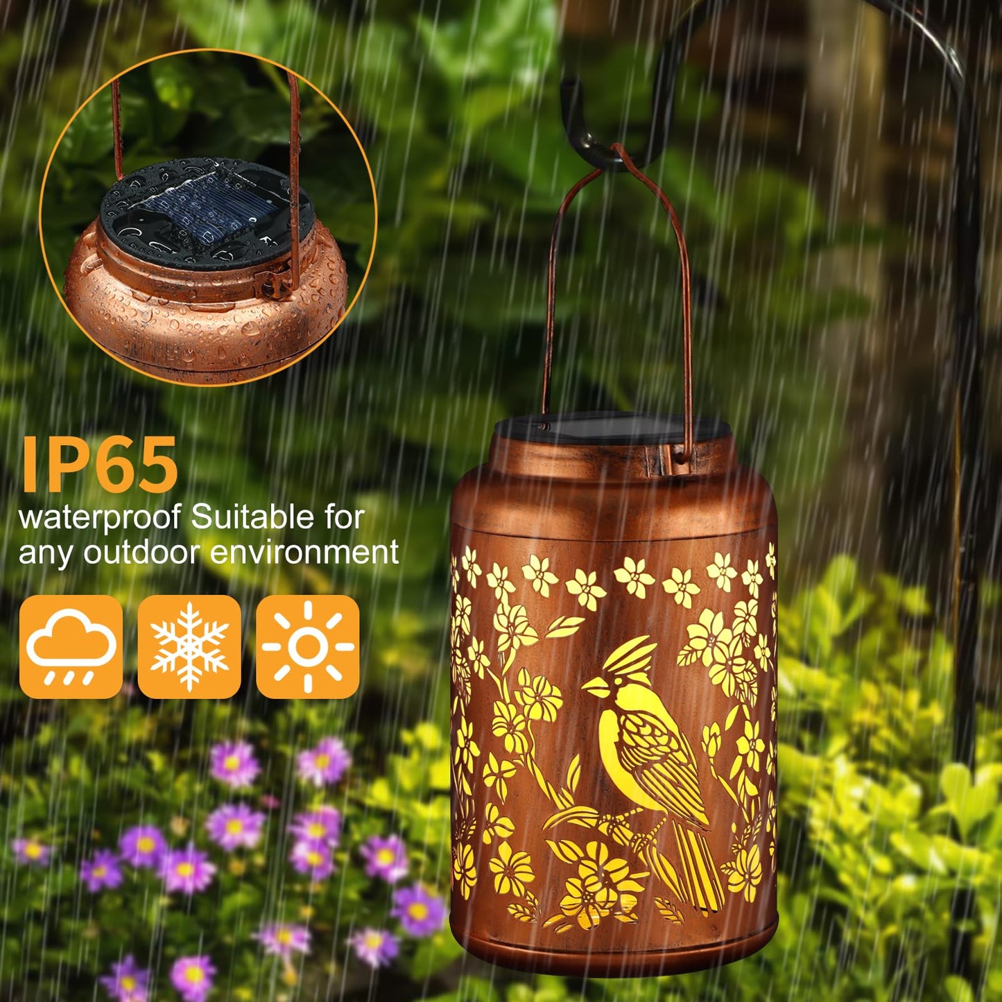 Tepaken Solar Lanterns Outdoor Hanging Lights, Metal Waterproof Garden Decor, Red Bird