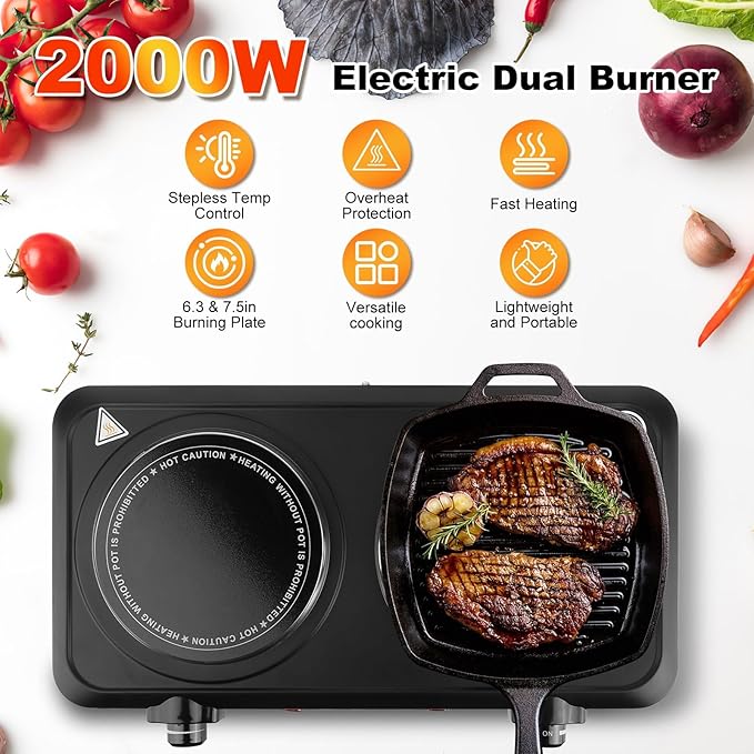 Double Burner Infrared Electric Cooktop, 2000W Double Burner Hot Plates for Countertop with 7.5” & 6.3” Glass Cooktop, Stepless Temperature Adjustments for Home RV Camping