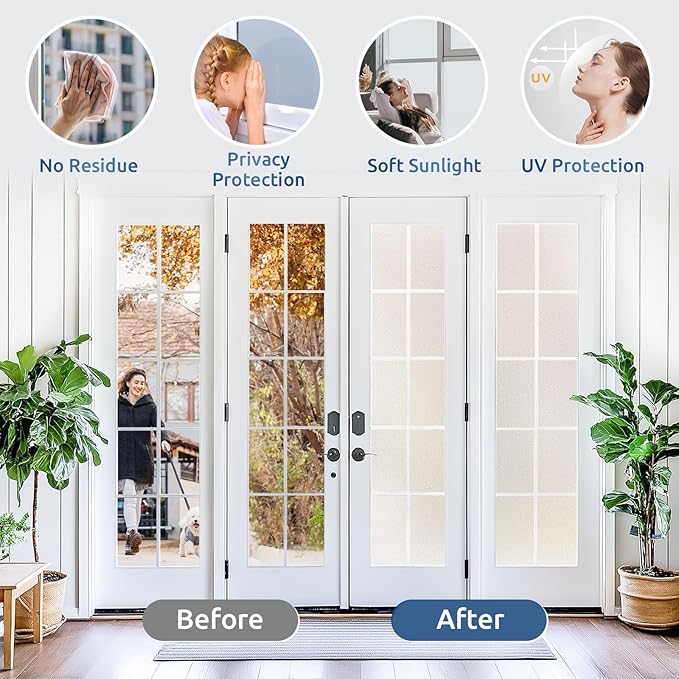 rabbitgoo Window Privacy Film for Glass Windows with Kit Decorative Clings UV Blocking Heat Control Static Cling Removable Bathroom Bedroom Door Home Coverings Pure, 17.5 x 118.1 inches
