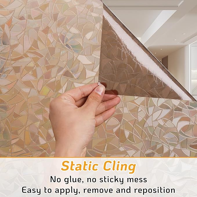 LUTE Window Privacy Film, Rainbow Window Flim, 3D Decorative Stained Glass Cling, Non-Adhesive Vinyl Static Cling Removable Glass Sticker, Sun UV Blocking Covering for Home, Brown, 17.5 x 78.7 inches