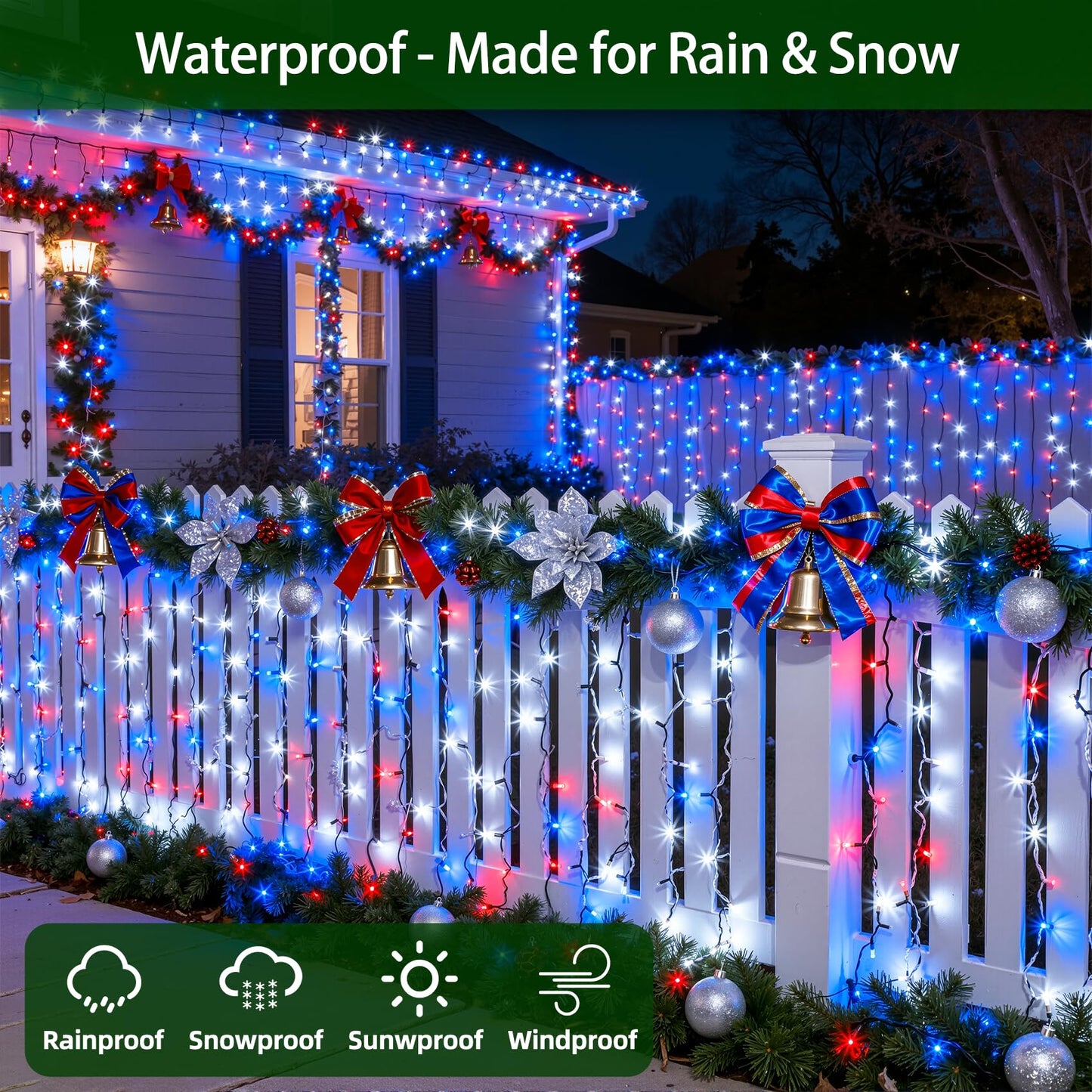300Led Christmas Lights Outdoor Indoor Use  12 Lighting Modes 75Ft Christmas Tree Lights With Timer  Dimmable Plug In Red White And Blue Led Stringlights Waterproof For Yard Tree Wedding Party Holiday