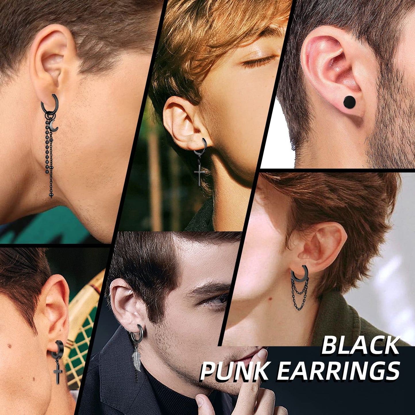 FIFATA 20 Pieces Men Earrings Set - Black Stainless Steel Chain Hoop Earrings Cross Moon and Star Dangle Earrings Piercing Jewel