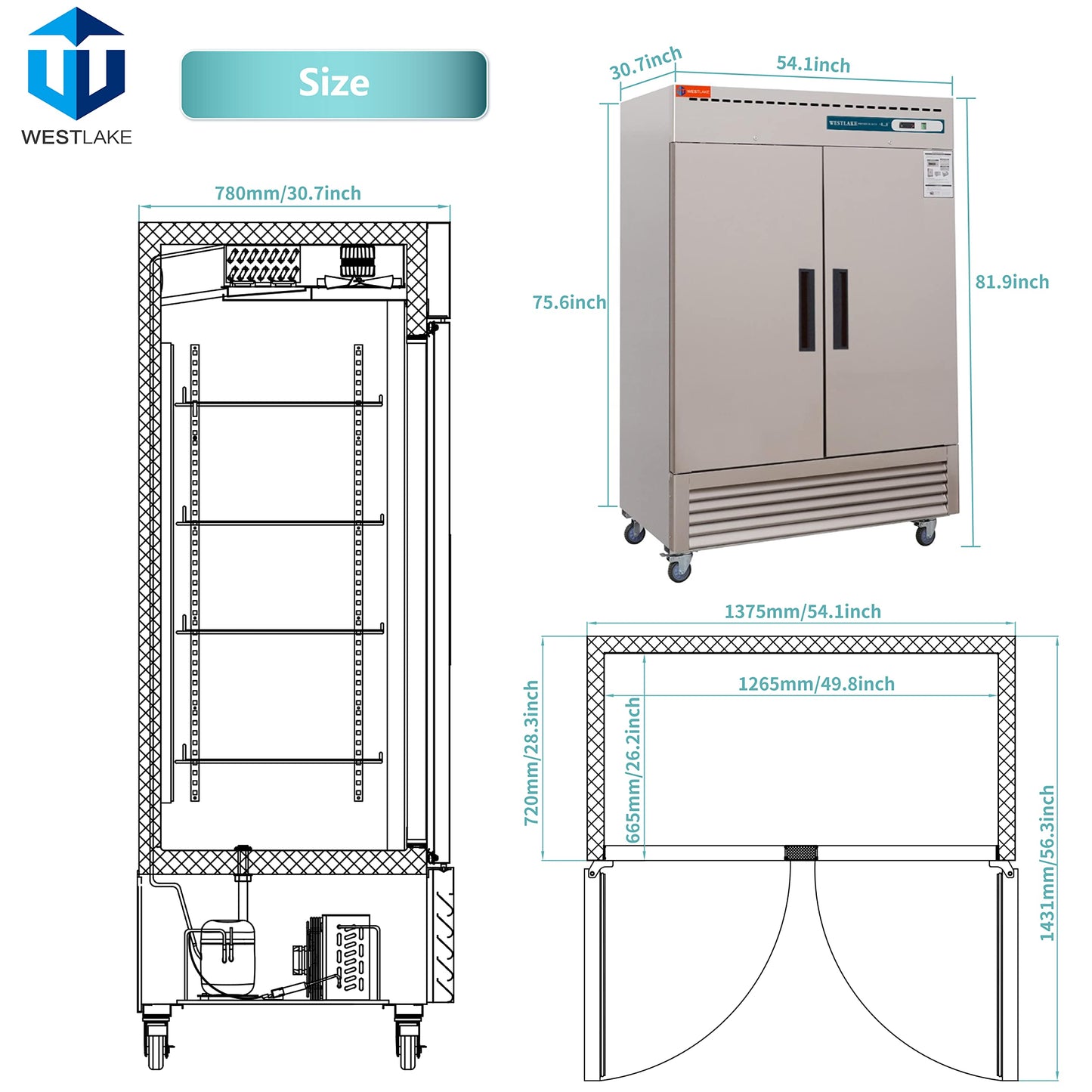 WESTLAKE 54"W Commercial Freezer 49 Cu.ft Stainless Steel Reach-in Solid Door Upright Fan Cooling 2 Door 2 Section Freezer for Restaurant, Bar, Shop, etc