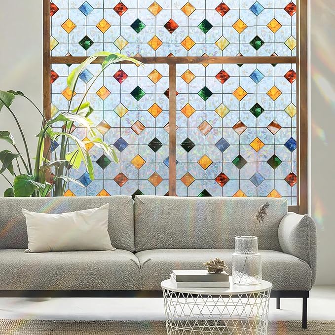 DKTIE Colorful Gem Lattice Pattern Decorative Window Privacy Film Rainbow Stained Glass Window Film Classroom Decor Renter Friendly Decor (S533, 35.4in X 78.7in)