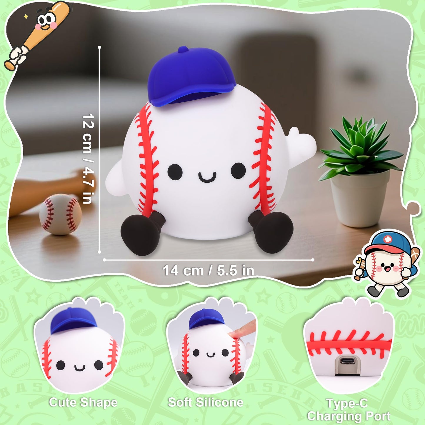 Okiyid Baseball Night Light  Dimmable Silicone Touch Lamp With Usb Rechargeable Soft Glow Bedside Lamp For Boys Bedroom Decor  Baseball Gifts For Boys Sport Fans Birthday Xmas