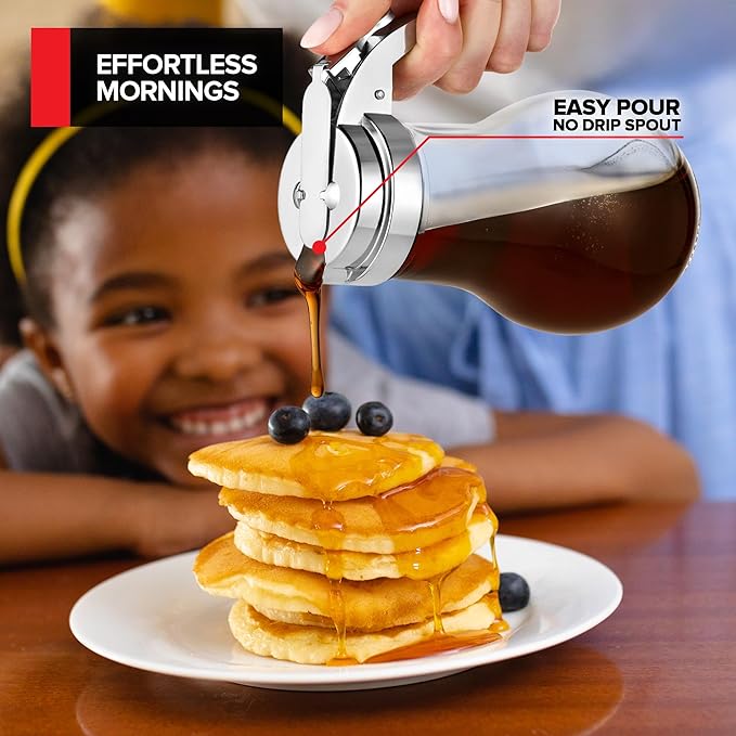 14 oz Glass Syrup Dispenser, No Drip Glass Syrup Bottle for Maple Syrup, Honey Dispenser, Pancake Mix, or Sugar, Dishwasher Safe Glass Syrup Container with Metal Easy Pour Lid, 14 Ounces (414mL)