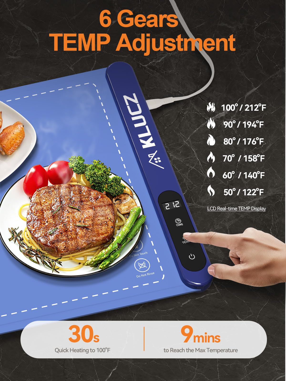 KLUCZ Food Warming Mat, Foldable Silicone Graphene Quickly Heating Food Warmer with 6 Adjustable Temperature and 6H Timer Function for Buffets Parties, Great Gift for Women Mother (XL-Blue)