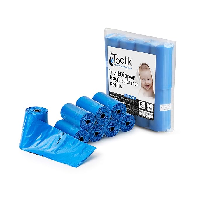 Toolik Diaper Bag Dispenser Refills Disposable Unscented Waste Bags (8 Rolls - 120 bags)