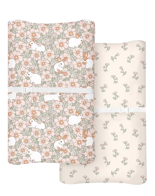 Changing Pad Cover for Baby Boys Girls 2 Pack, Fits Standard 32”×16” Changing Table Pads, Silky Breathable Stretch Knit, Machine Washable (Bunny Garden)