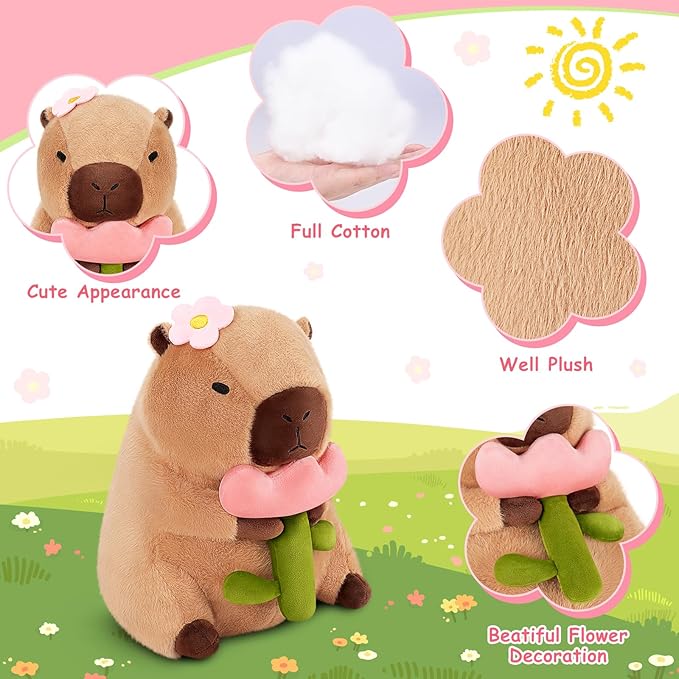 Achwishap Capybara Plush,Cute Plushies Capybara Stuffed Animals,Capybara Plush Toys,Kawaii Plushie Stuffed Toy with Flower Plushies Gift for Kids Adults Birthday(Capybara with Holding Flower,16”)