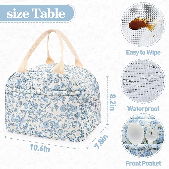 Cotton Quilted Insulated Lunch Bag, Cute Quilted Floral Lunch Tote Bags Reusable Insulated Lunch Box Coquette Aesthetic Large Capacity Insulated Cooler for Women Work Travel Picnic (Big Blue Flowers)