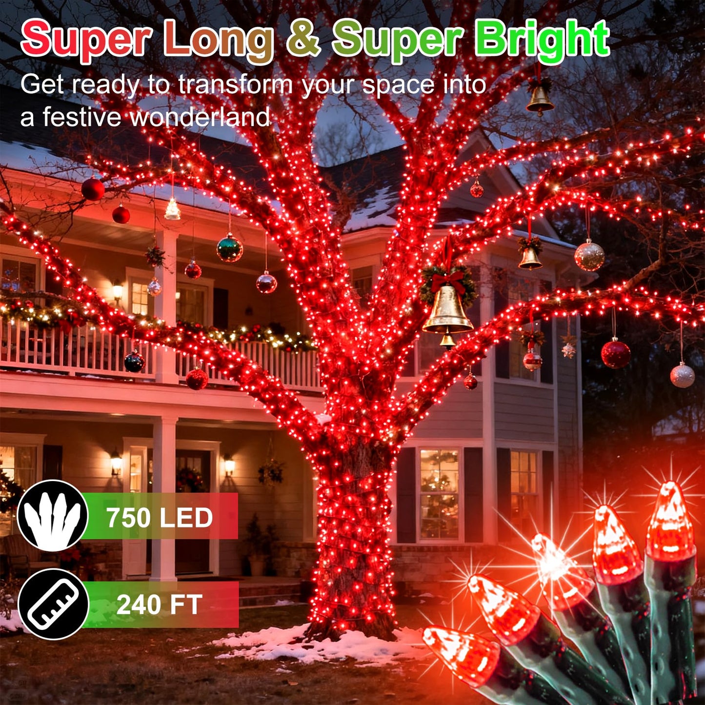 750 Led 240Ft Christmas String Lights Outdoor  12 Pro Modes And Timer Memory & Brightness  Plug In Waterproof Dark Green Wire Twinkle Light For For Xmas Yard Tree Wedding Party Decor (Red)