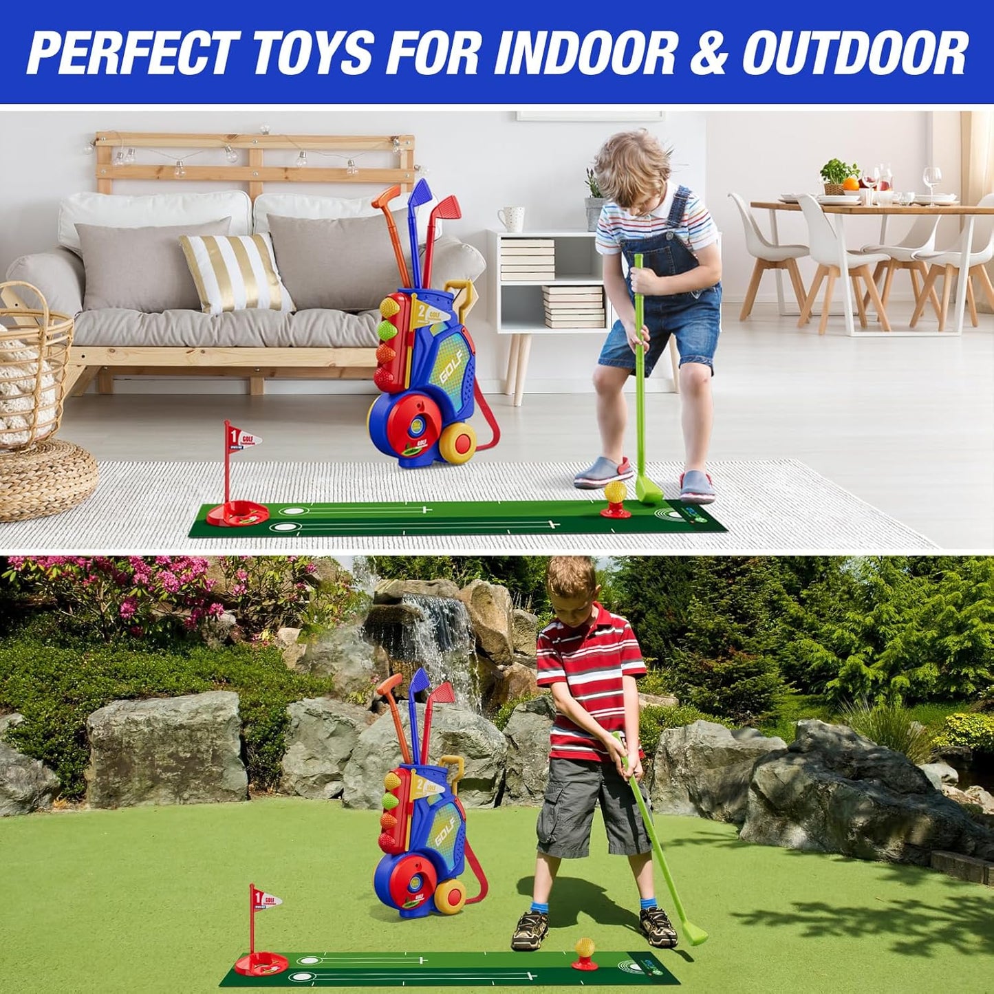 Toddler Golf Set 2-4 Years, Upgraded Kids Plastic Golf Clubs with 12 Balls, Putting Mat, Shoulder Strap, Indoor Outdoor Game Sport Toys Gift for Baby Boys Girls Age 3-5, Blue