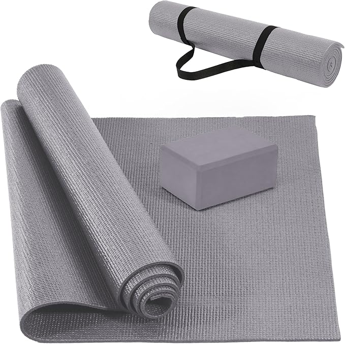 Signature Fitness All Purpose 0.25 Inch Thick High Density No Tear Exercise Yoga Mat with Strap & Lightweight Features for...