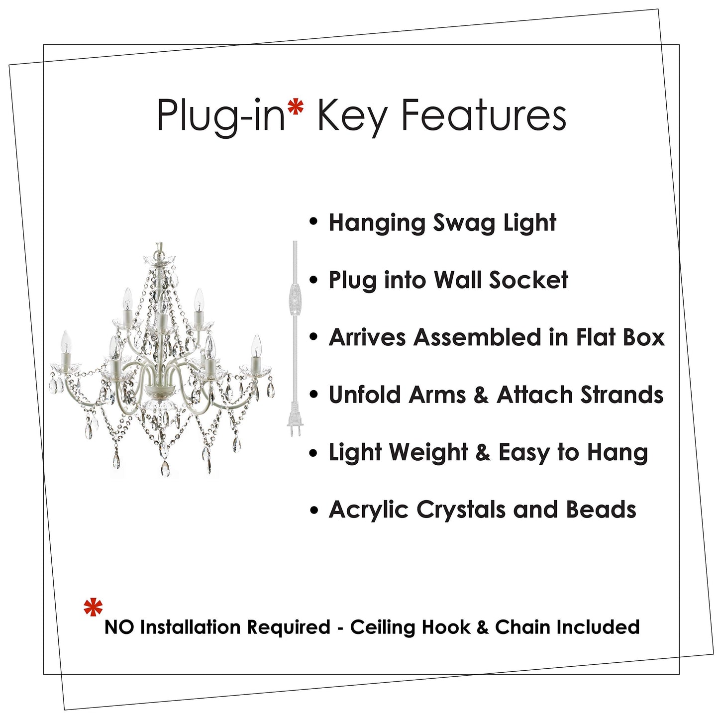 Gypsy Color 9 Light Plug-In Chandelier, Crystal White Metal Frame, Acrylic Crystals, H26”Xw27”, Model Gyxlclp