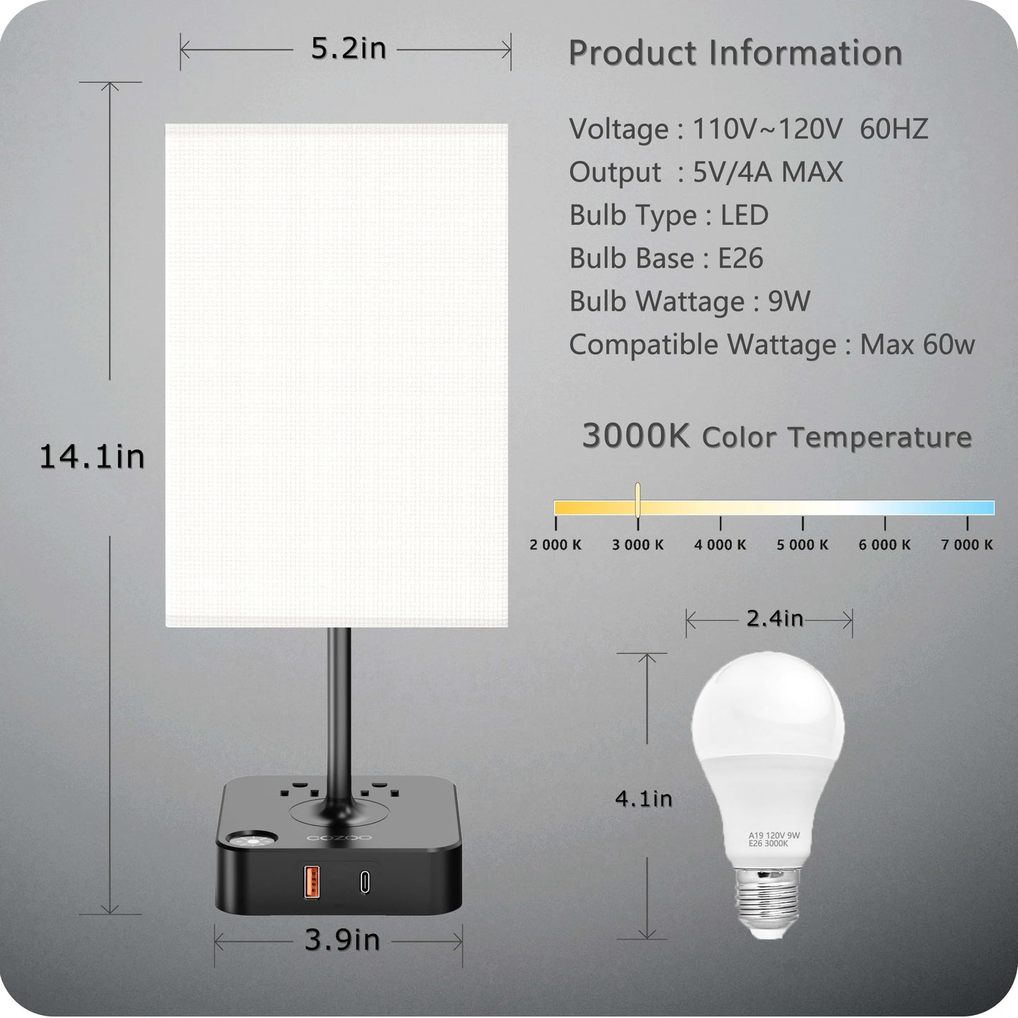 Cozoo Usb Bedside Table & Desk Lamp, 3 Usb Ports, 2 Outlets, Large White Fabric Shade, Model Mc003