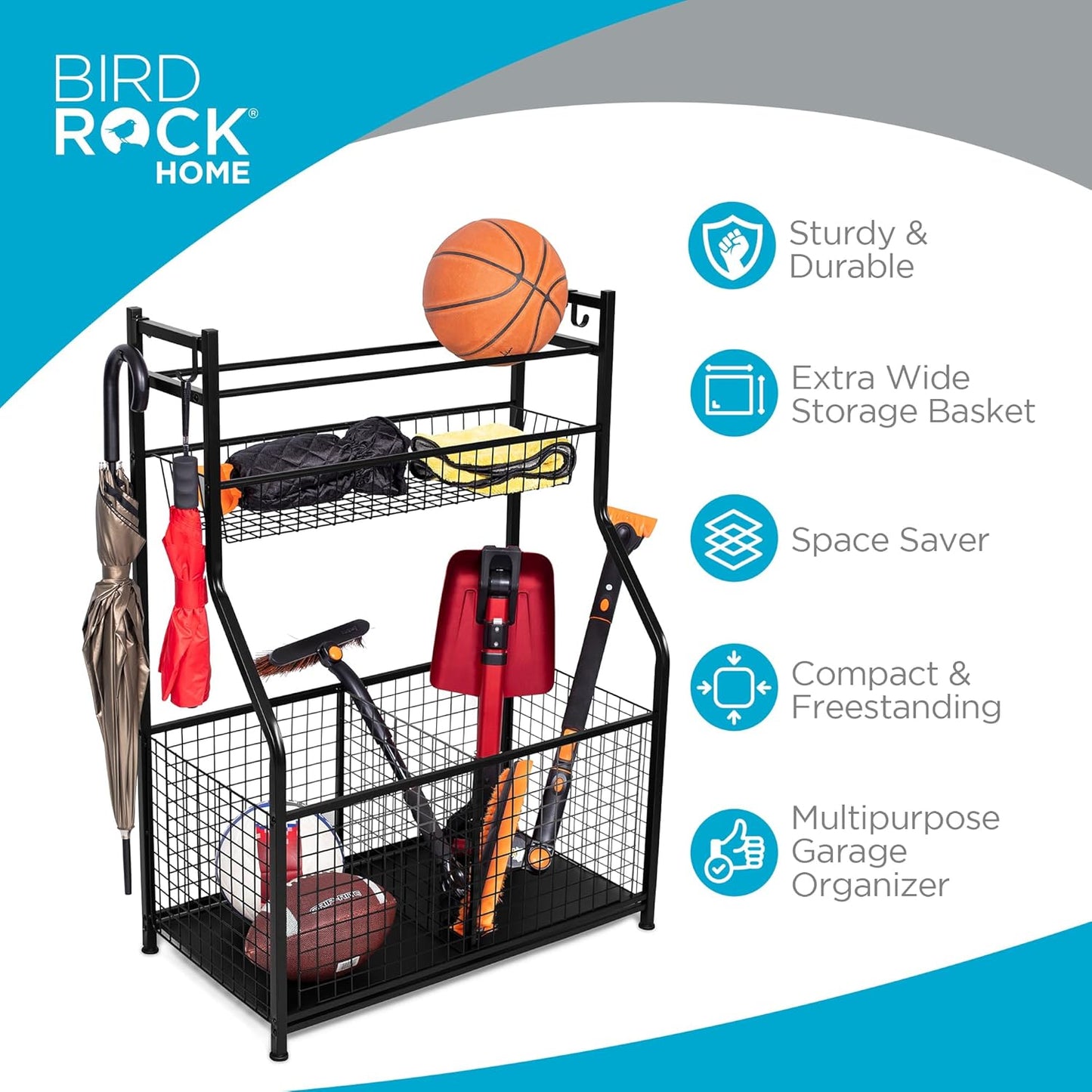 BIRDROCK HOME Sports Equipment Ball Organizer 43"H for Garage -Storage Rack - Baseball, Tennis, Football, Gym Gear - Wide Bin Basket - 4 Hooks - Kids Toy Holder - Hockey Stick Cage | Indoor - Outdoor