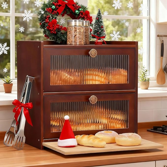 Bread Box, Extra Large 100% Bamboo Wood Bread Box for Kitchen Counter, Vintage Double Layer Bread Storage Container Bin with Cutting Board, with 11" Stainless Steel Kitchen Tongs