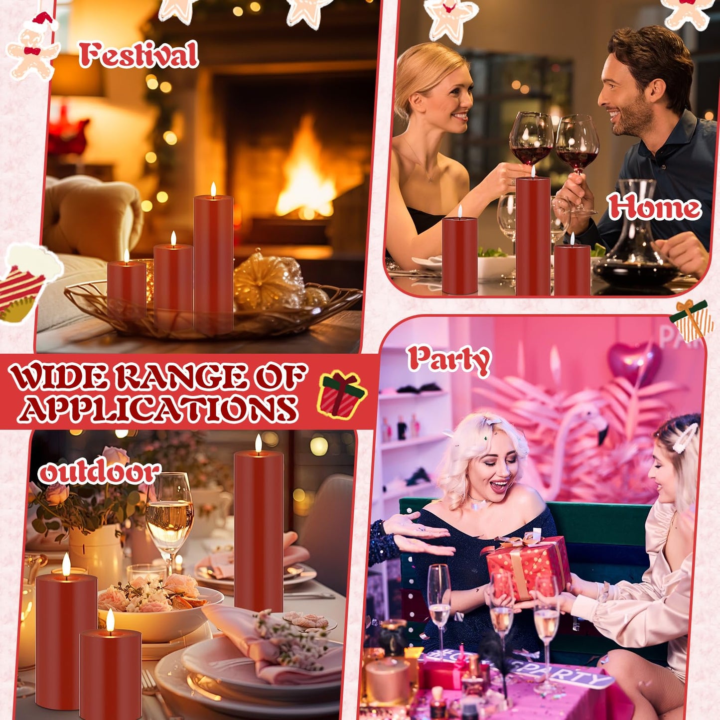 Retisee 3 Pcs Christmas Red Large Flameless LED Battery Operated Candles with Remote Xmas Pillar Flameless Flickering Candles for Indoor Outdoor Santa Party Wedding Light Decor(4''/6''/10'' x 3'')