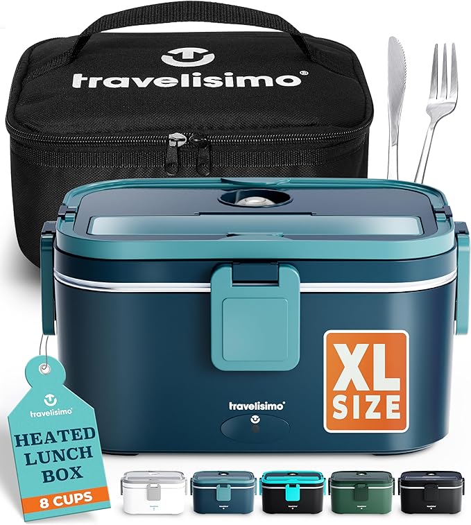TRAVELISIMO Extra-Large Electric Lunch Box For Adults Holds up to 8 Cups - 80W Heated Lunch Box 1.8L Electric Food Warmers for Travel & Work, Portable Food Warmer - Loncheras Para Hombres De Trabajo