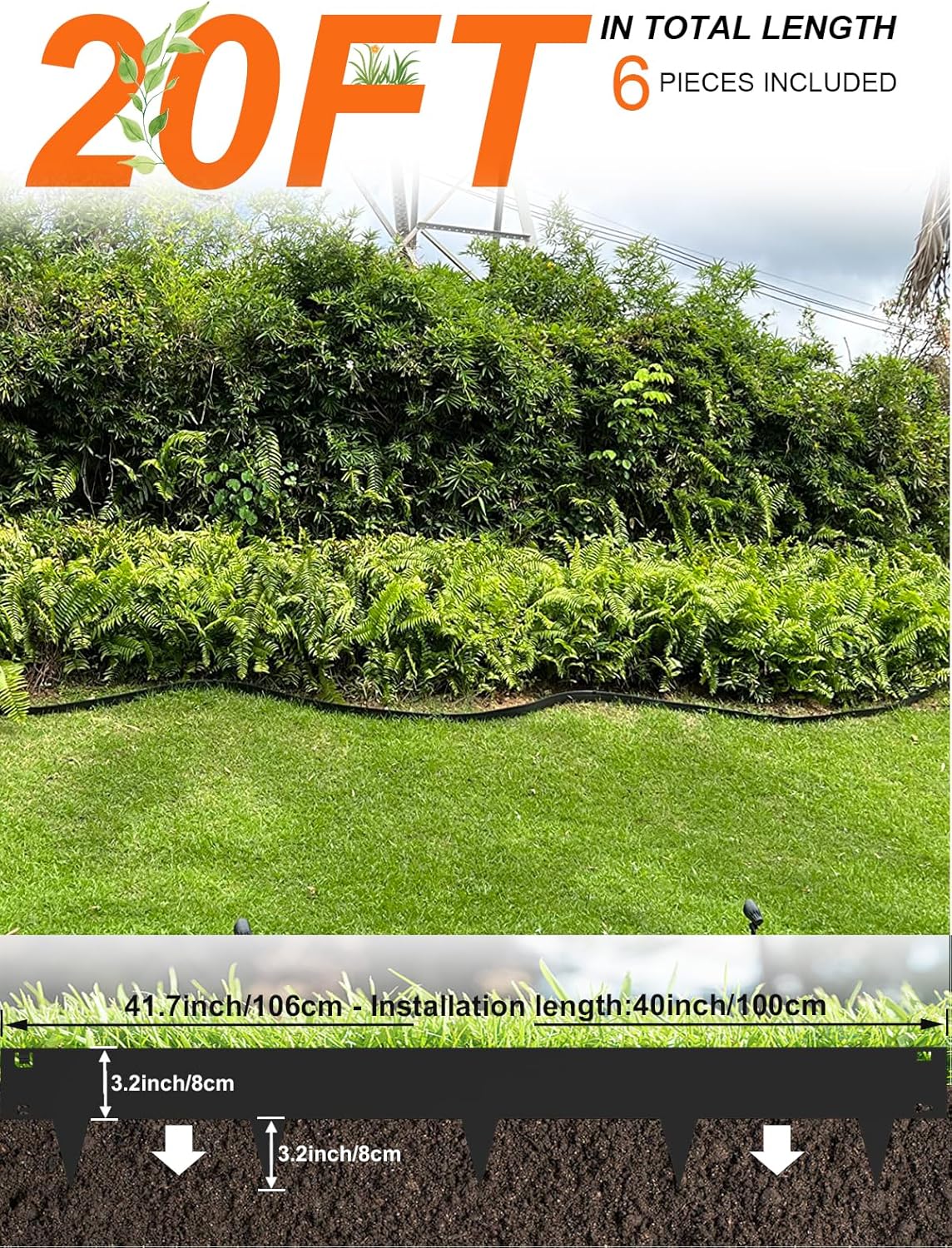 Vinci Landscape Edging Border, 40" L x 6" H 6Pack 20FT Total Black Galvanized Steel Garden Edging,Easy Installation,Sturdy Elegant Metal Lawn Broder for Flower Beds, Pathways, Paver Edges and Yard