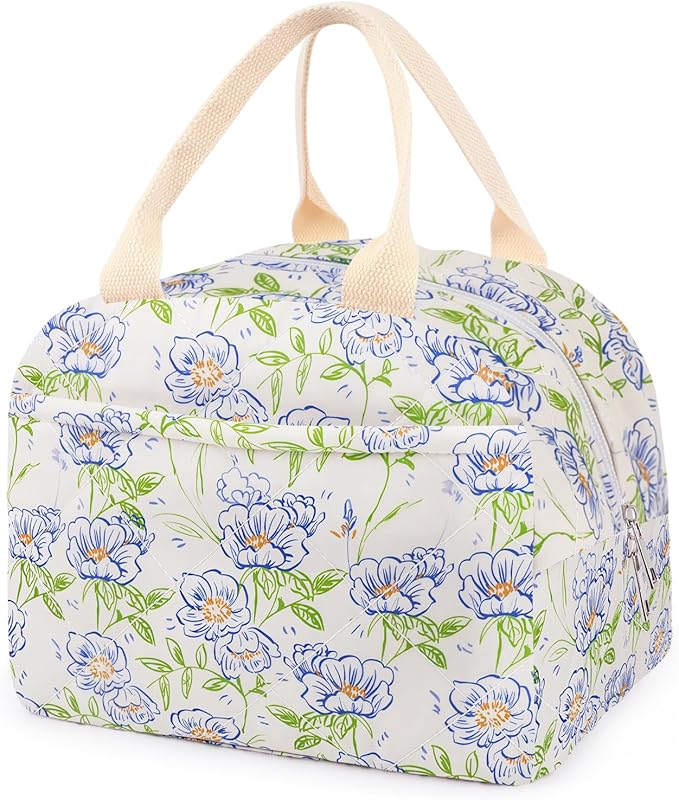 Cotton Quilted Insulated Lunch Bag, Cute Quilted Floral Lunch Tote Bags Reusable Insulated Lunch Box Coquette Aesthetic Large Capacity Insulated Cooler for Women Work Travel Picnic (Blue Flower)