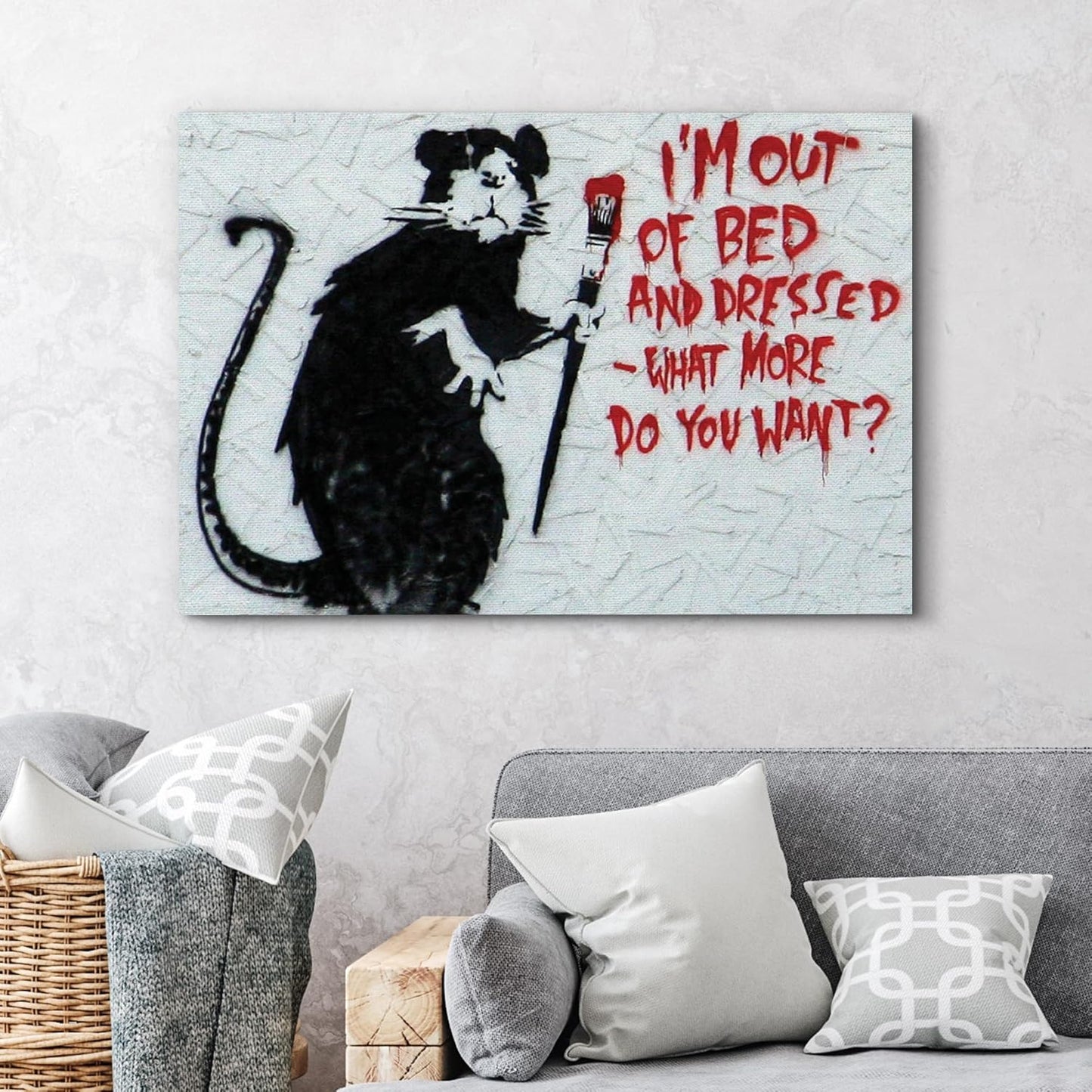 wall26 Canvas Print Wall Art Banksy Rat with Red Paintbrush Graffiti & Street Art Pop Culture Illustrations Pop Art Bohemian Multicolor Dark for Living Room, Bedroom, Office - 12"x18"