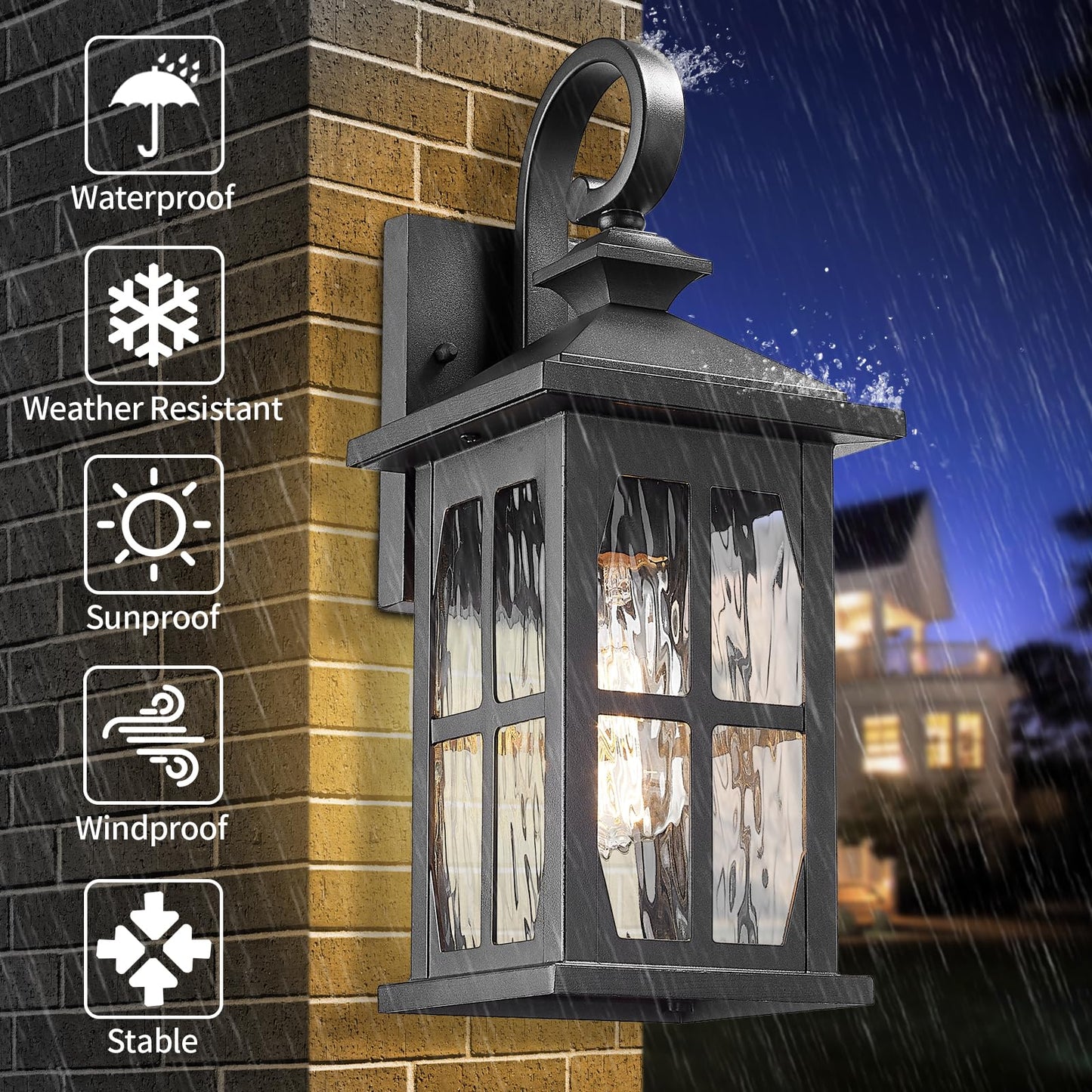 Darkaway Outdoor Light Fixtures Wall Mount  2Pcs Outside Wall Lights Exterior Lighting Fixture With Water Ripple Glass Outdoor Wall Sconce For House Porch Hallway Garage Front Door