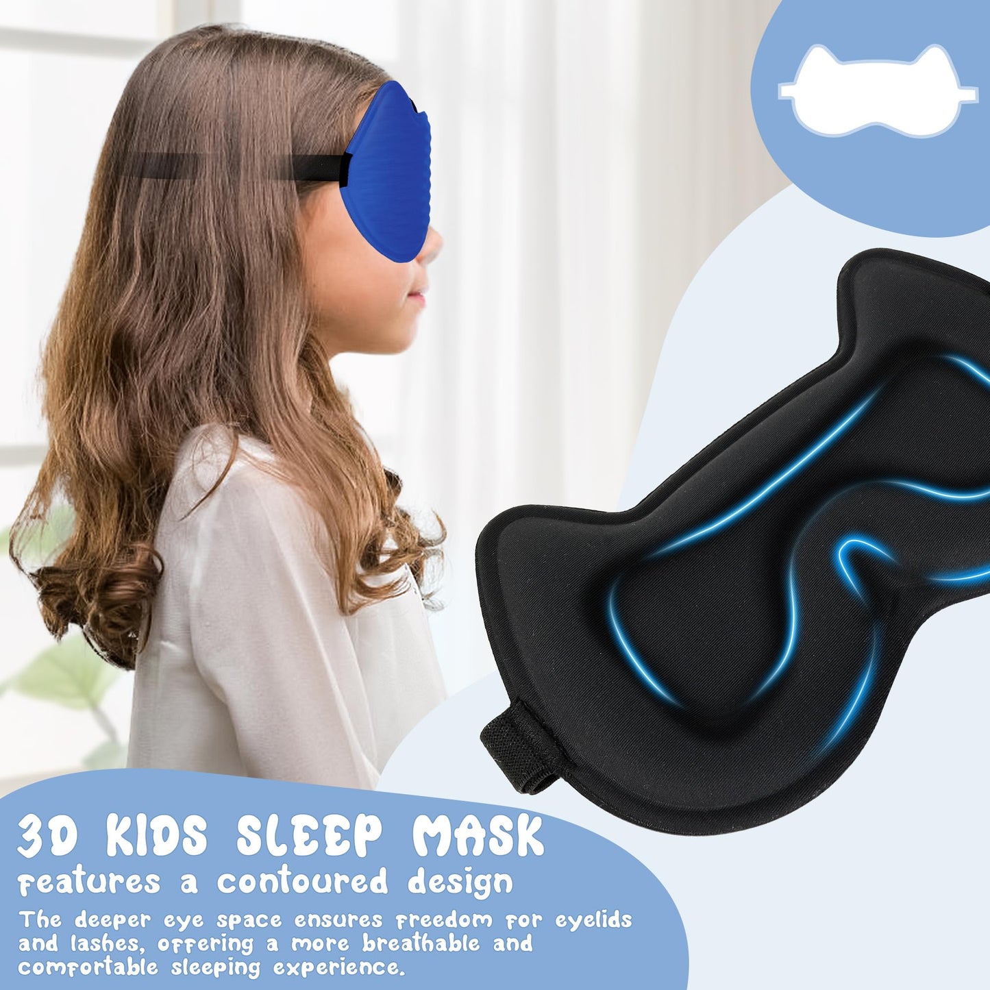 Kids Sleep Mask Eye Mask: 3D Contoured Cup Sleeping Masks, Blindfold with Adjustable Strap, Kids Eye Cover for Boys, Girls, Teens, Pressure-Free with Memory Foam Face Mask for Sleeping (Royal Blue)