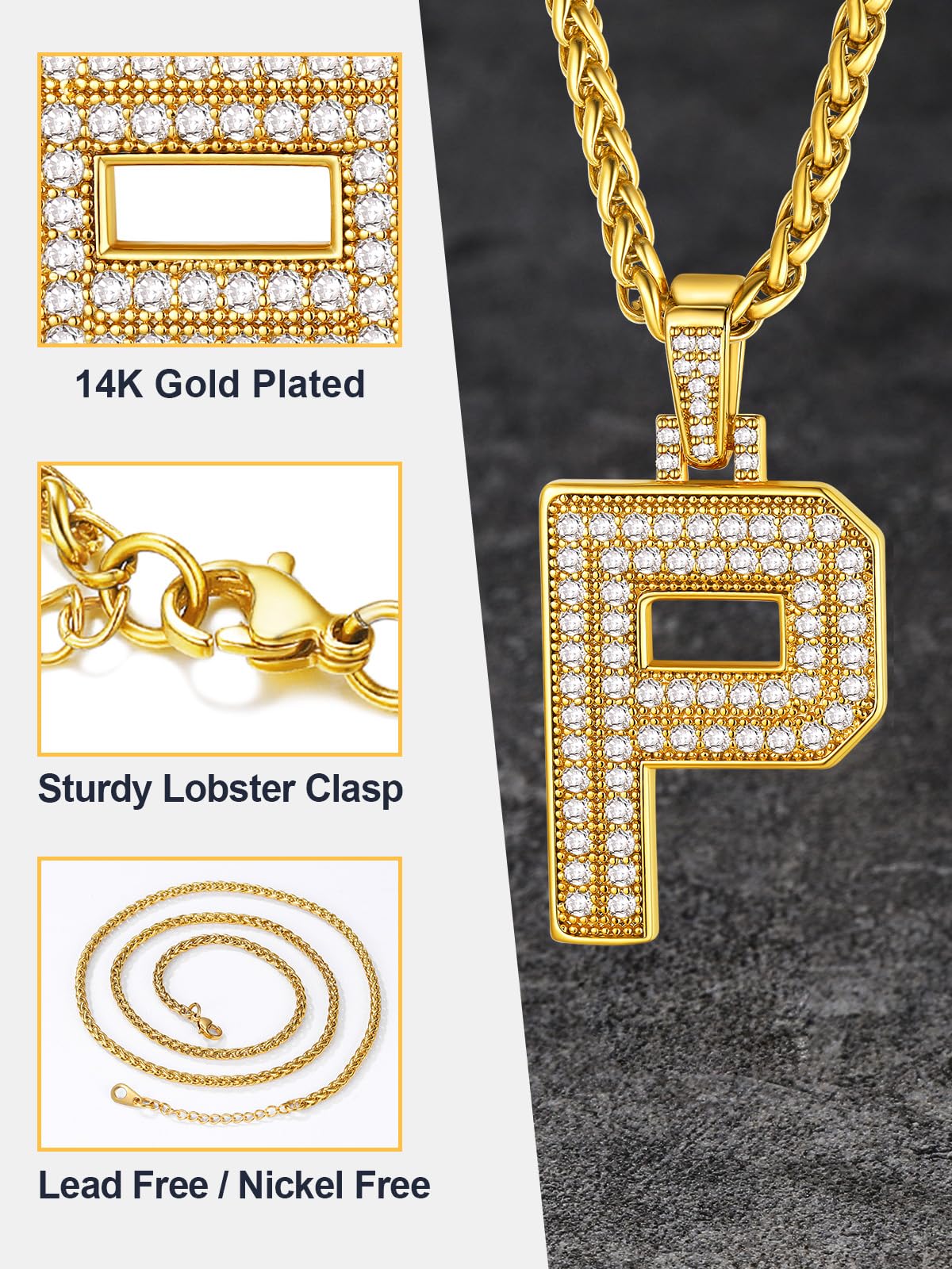 U7 Initial Necklace 18K Gold Plated Chain Hip Hop Bling Costume Jewelry Personalized Alphabet Letter P Pendant