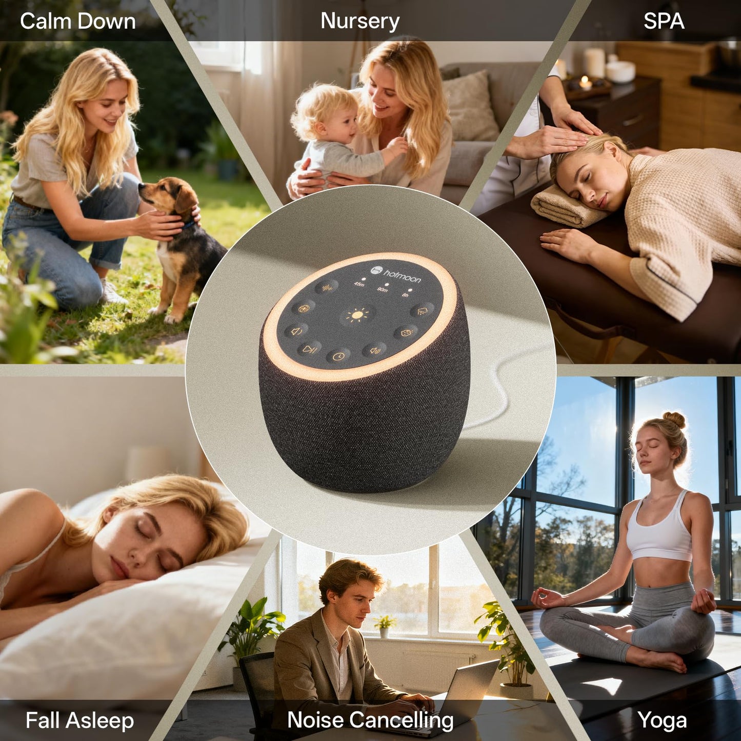 Hotmoon Sound Machine for Sleep, Cocoon 2 White Noise Sound Machine with 40 Non-Looping Sounds, Dual-Speaker & Timer, 8 Night Light, Pink Brown Green Noise for Sleeping Adults, Office Privacy, Plug-in