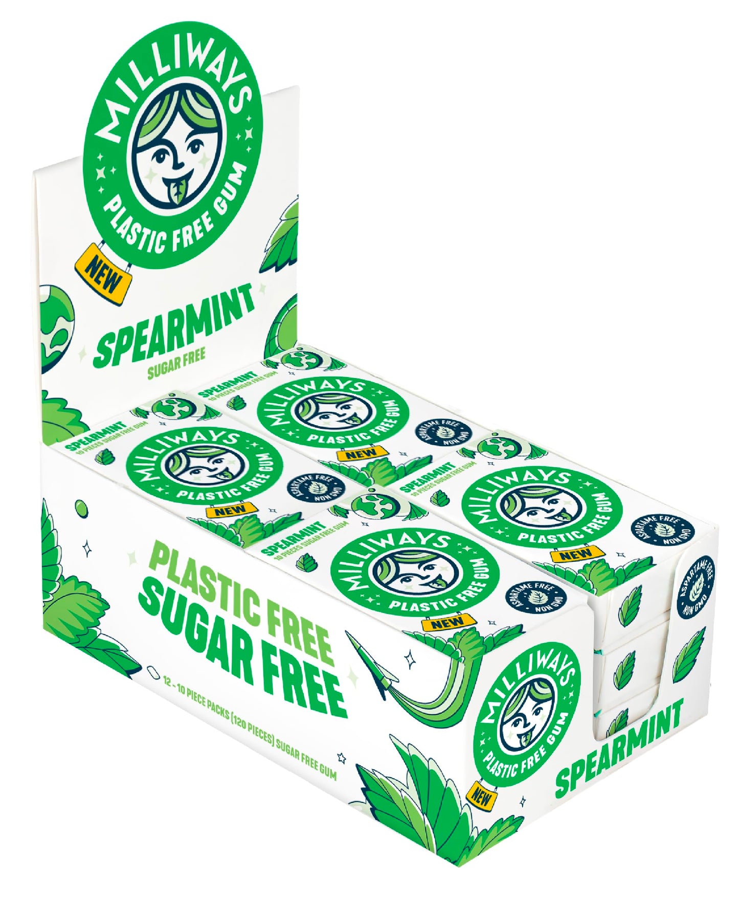 Milliways Spearmint | Plastic Free Gum | Xylitol  Aspartame-Free  Sugar-Free  Plant-Based  Natural Chewing Gum | 120 Pieces Total (12 Packs of 10 Pieces)
