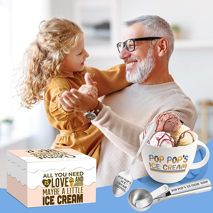 Christmas Pop Pop Gifts, Gifts for Poppop from Grandkids, Pop Pop's Ice Cream Bowl Scoop Shovel Spoon Set, Pop-Pop’s Ice Cream Gift, Ideal Xmas Birthday Father's Day Man Gifts