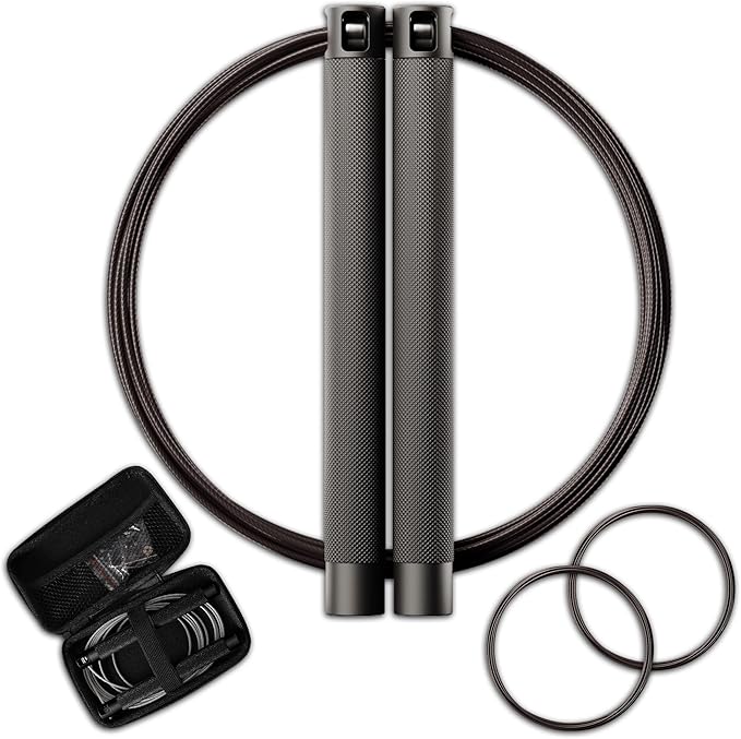 Jump Rope Set - Adjustable Speed Jump Rope - 2x Steel Coated Ropes, Carrying Case - Aluminum Anti Slip Handles with Double...