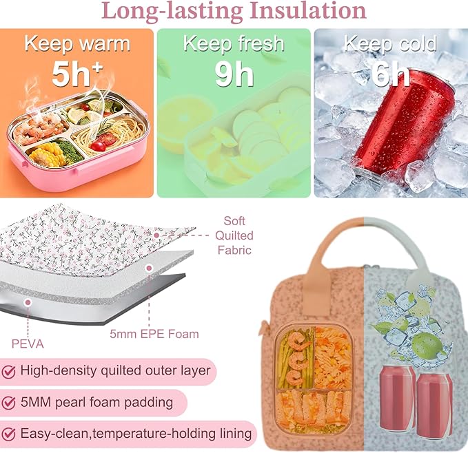 Quilted Lunch Box for Women,Large Pink Floral Insulated Lunch Bag for Adult,Cute Lunch Tote Bags for Work Picnic Travel(Pink Floral,M)