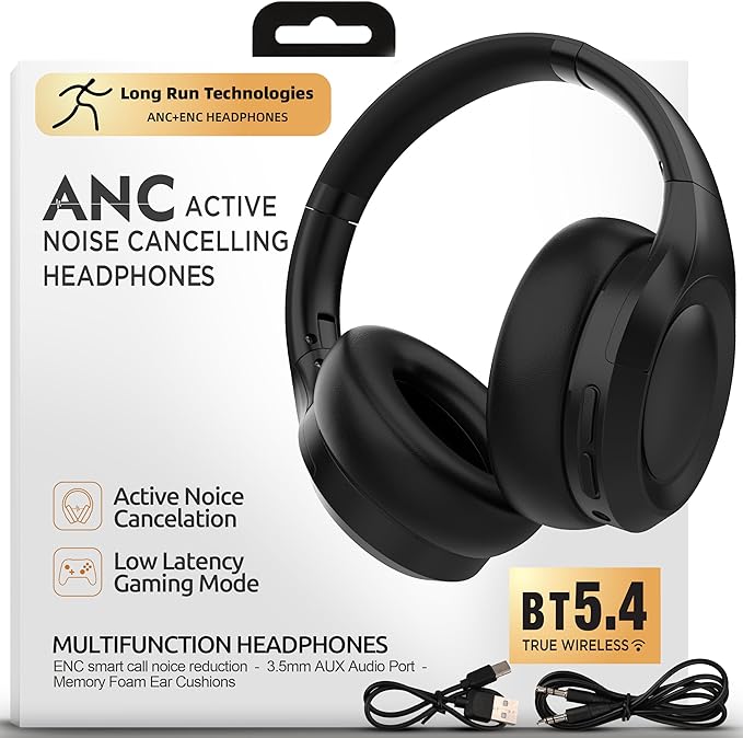 Active Noise Cancelling Headphones, Bluetooth Over Ear, Hi-Fi Stereo,100H Playback Time, High-Resolution Audio, Water Resi...