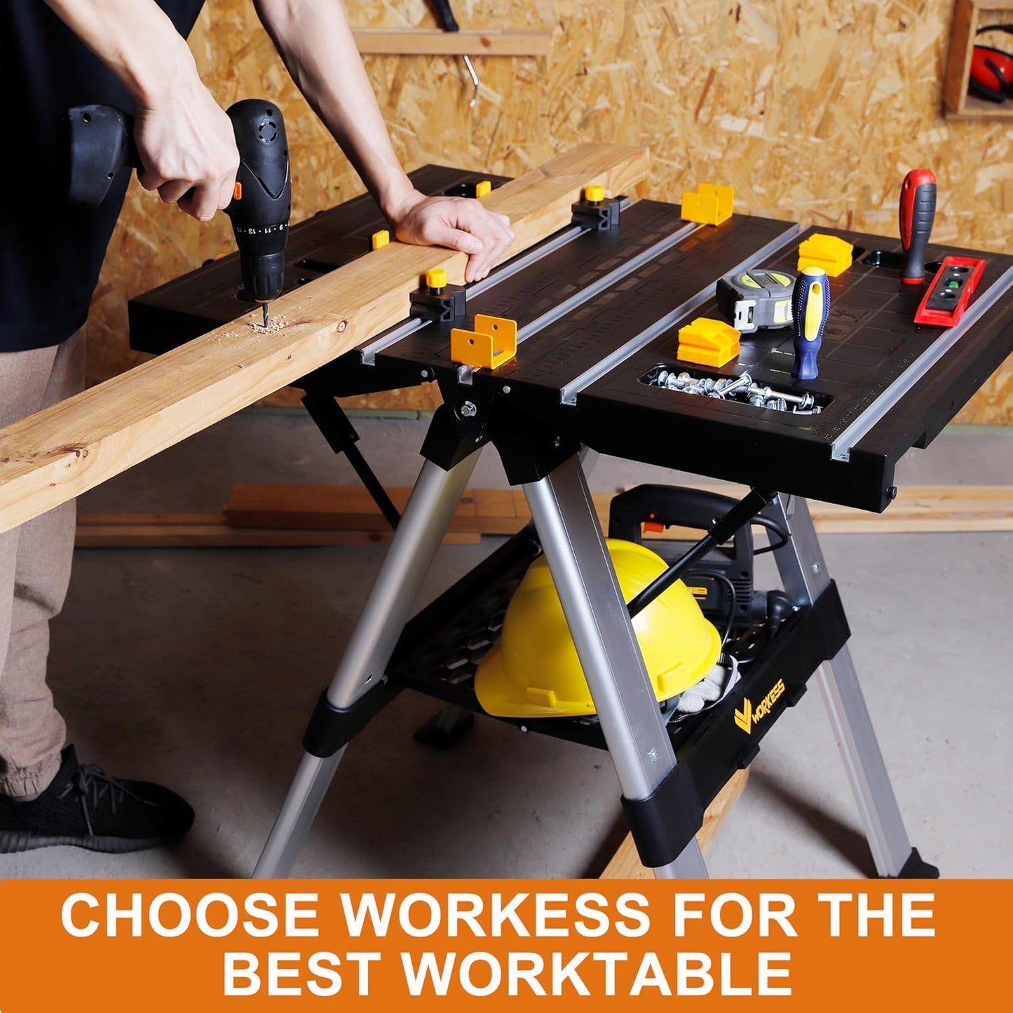 Portable Workbench & Sawhorse, 440Lbs/1000Lbs Capacity Heavy Duty Folding Work Table, 21.5"-32.5" Adjustable Height with Clamping System, 2 x 4 Support Arms, Tool Tray for Garage