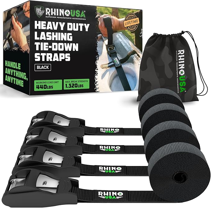 Rhino USA Lashing Straps Cargo Tie Downs (4PK) - 1,320lb lab Inspected Max Break Strength, Includes (4) Heavy Duty 1in x 1...