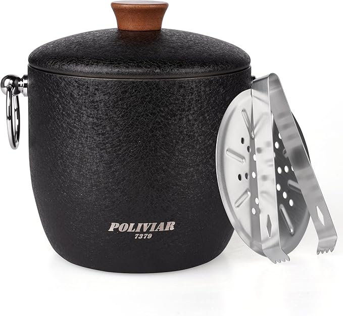 POLIVIAR Ice Bucket, 2.5L Double Wall Ice Bucket with Lid, Stainless Steel Ice Bucket with Tong & Strainer, Ice Bucket for...