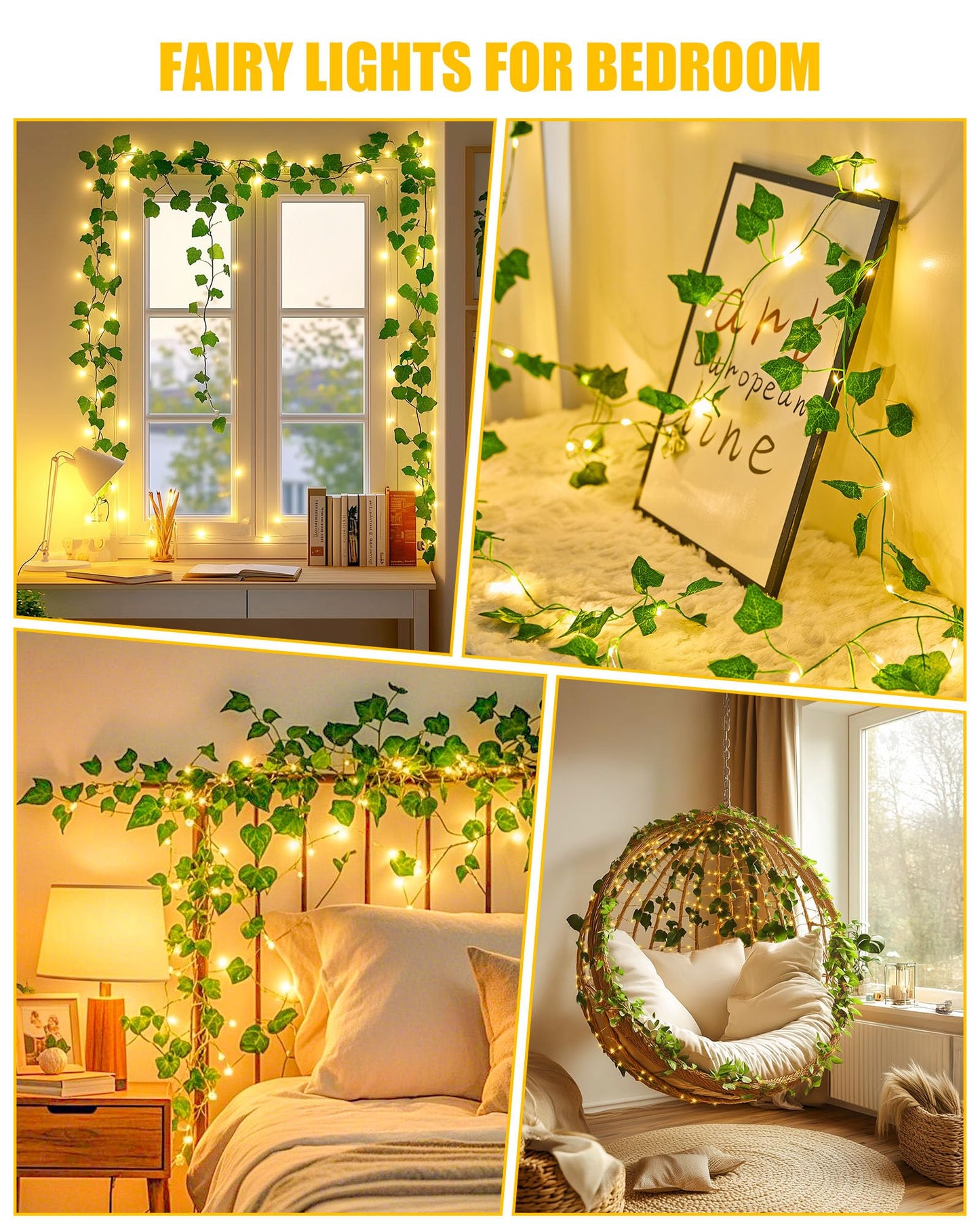Minetom Vine Lights For Bedroom  21Ft 60Led Fairy Lights Battery Operated With Remote Control  8 Lighting Modes Ivy Vines String Light For Bedroom Room Wall Wedding Christmas  Warm White