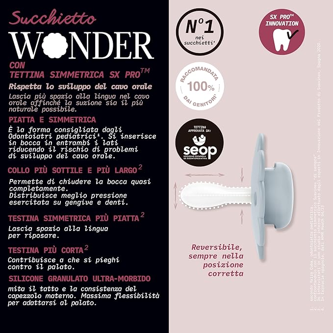 Suavinex Wonder Baby Pacifier, SX Pro Silicone Nipple, Reversible, Non Irritating Shield Design, 2 Pk Pacifiers 0-6 Months, Made in Europe, Gray/Cork