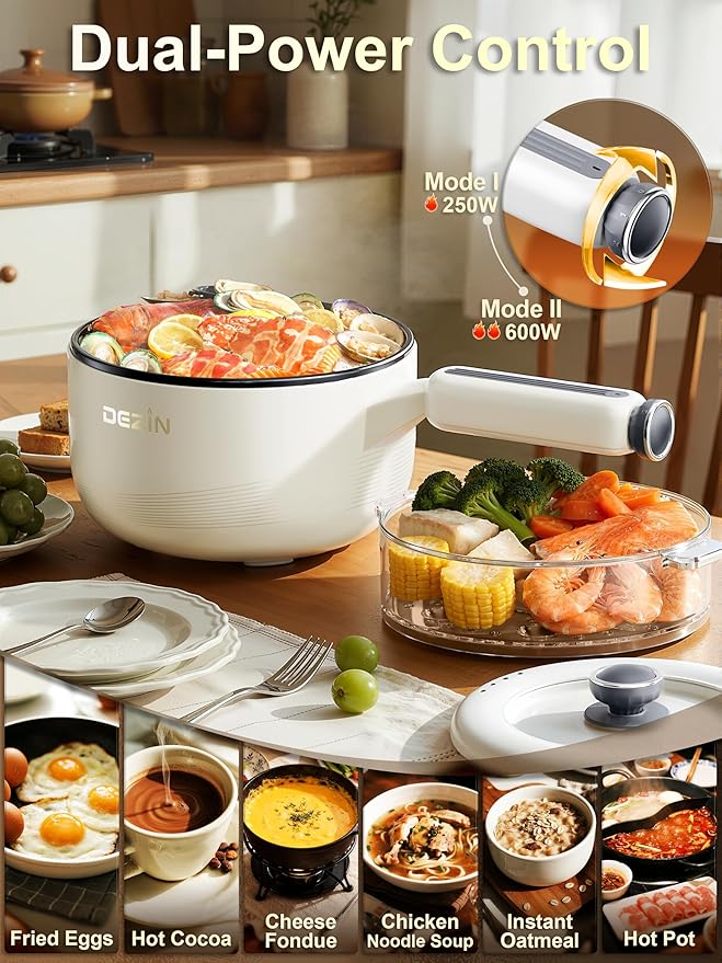 Dezin Electric pot with Steamer, 2L Non-Stick Sauté Pan, 5-in-1 Multifunctional Hot Pot Electric for Steak, Fried Rice, Oatmeal, Soup, Dual Power Control, Portable Pot for Dorm, Office & Small Kitchen