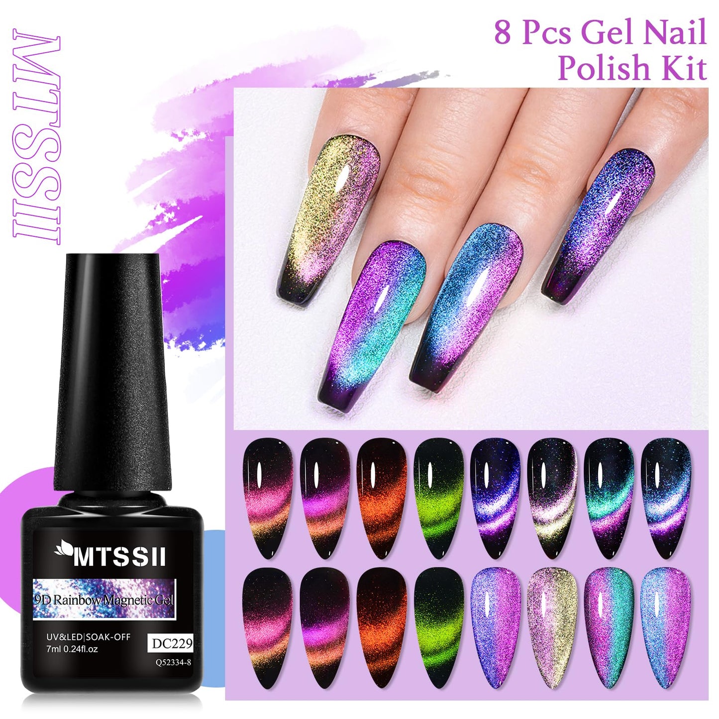 MTSSII Cat Eye Gel Nail Polish Set, 8 Colors, UV/LED Soak Off, Galaxy Glitter Collection (Set-6, 8pcs)