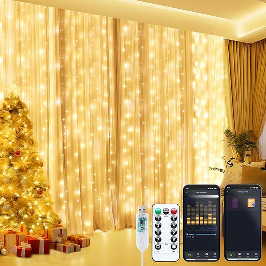 Brightown Smart Curtain Lights, USB Plug in, 9.8ft 300 LED Window Smart String Light with APP and Remote, 8 Modes, Waterpr...
