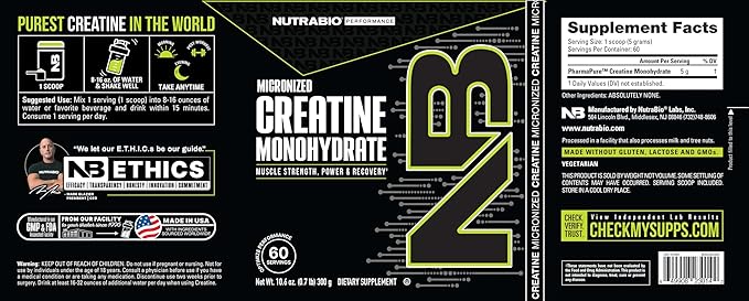 NutraBio Pure Micronized Creatine Monohydrate Powder Supplement, Unflavored, (300 g) - Supports Bulk Muscle Energy, Recovery, and Strength - HPLC Tested Creatine Powder Supplement for Men and Women